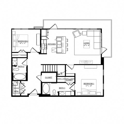 Floor plan for 2 beds, 2 baths, 1098 sqft